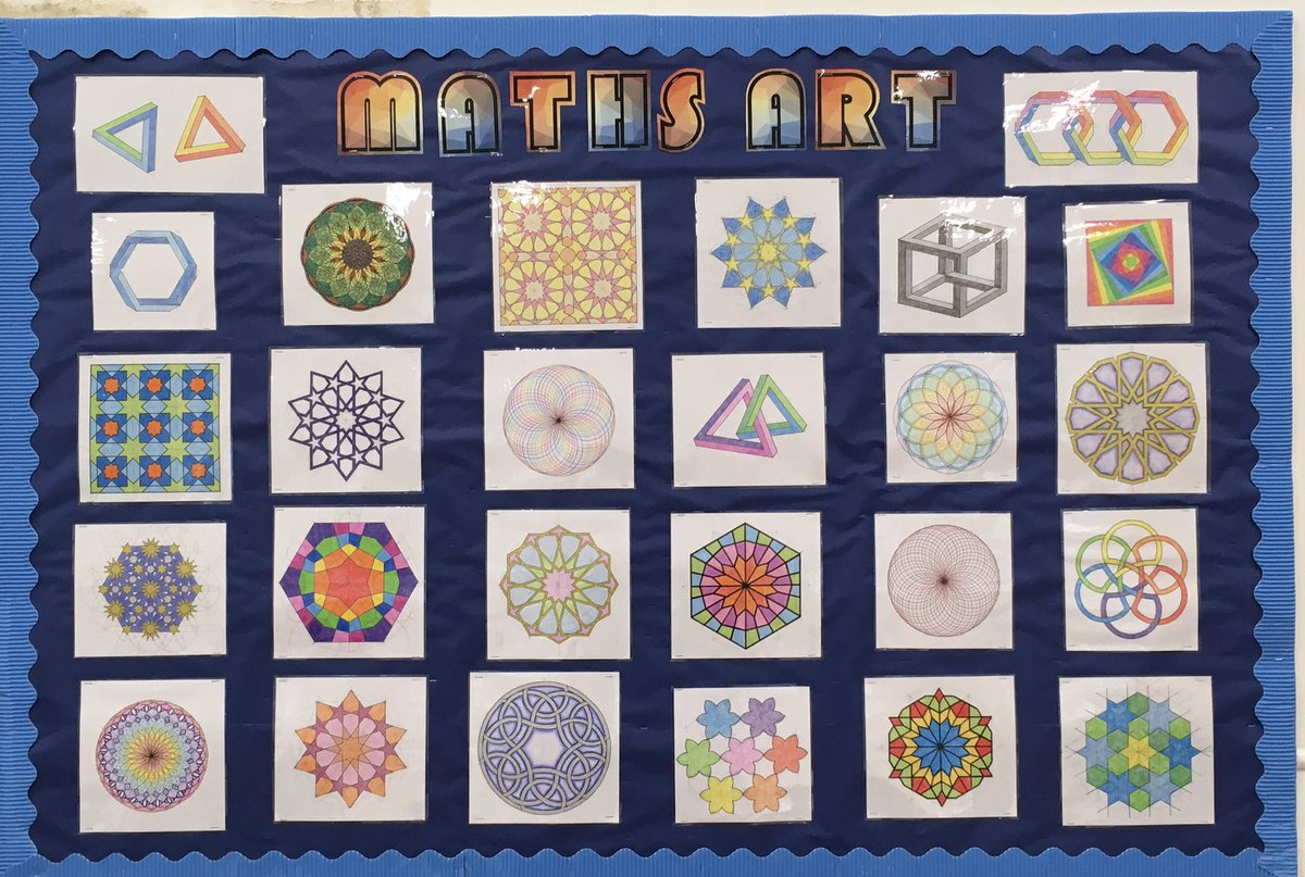 draustinmaths's tweet photo. I’ve put some of my summer #mathsart on display in my classroom to inspire students and encourage them to join Maths Art club. #MathsArtMonday https://t.co/IR7FshwKCA