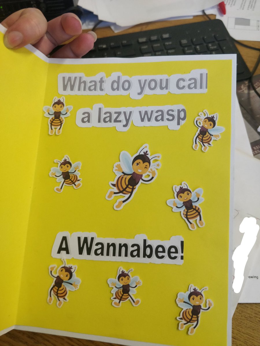 MsMcCoymaths's tweet photo. Last week I told my S3s about my horrible day filled with spiders and wasps. Explained to them my absolute hatred of wasps! Was presented with this today 😂🐝 This pure banter &amp; joy is exactly what I missed during lockdown! #banter #hatewasps #lovemyjob https://t.co/zCBHClH8yh