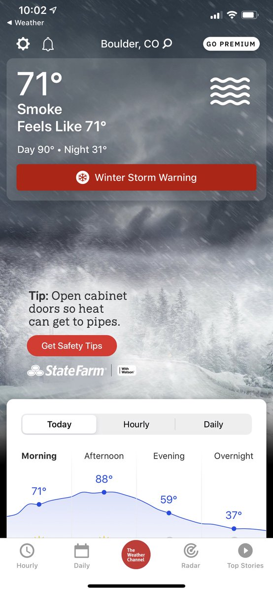 The weather forecast today is literally wildfires followed by blizzard.
