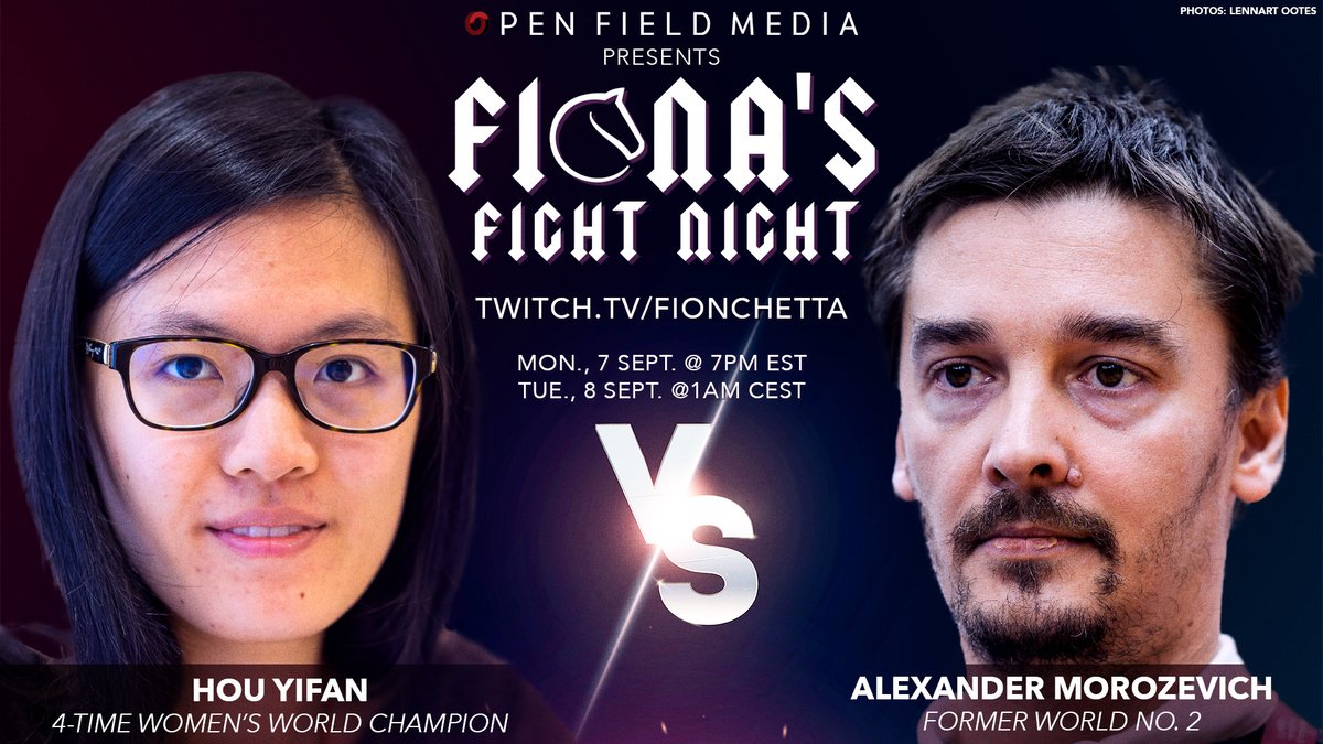 lichess's tweet photo. Fiona's Fight Night returns... tonight!

4-time Women's World Champion and Women's World No. 1 Hou Yifan from China will face off against former World No. 2 and creative genius Alexander Morozevich from Russia ⚔️

https://t.co/8UuoP2fVJm https://t.co/Wka06xQwv7