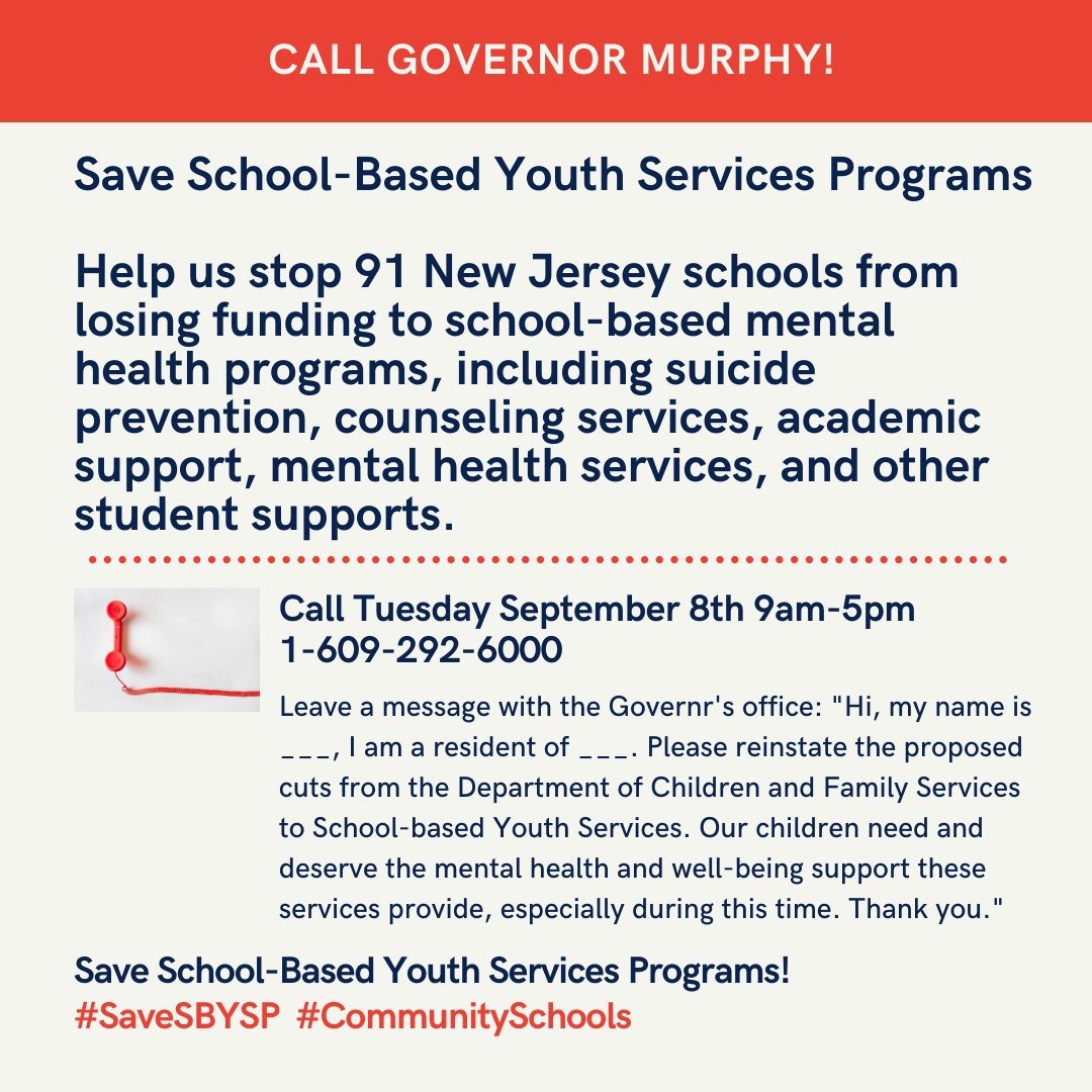 SavOurSchoolsNJ's tweet photo. Your action is needed tomorrow, Tuesday, September 8th! Please call @GovMurphy to help save School-Based Youth Services! 

#SaveSBYSP #CommunitySchools https://t.co/JzHwqUcB7b