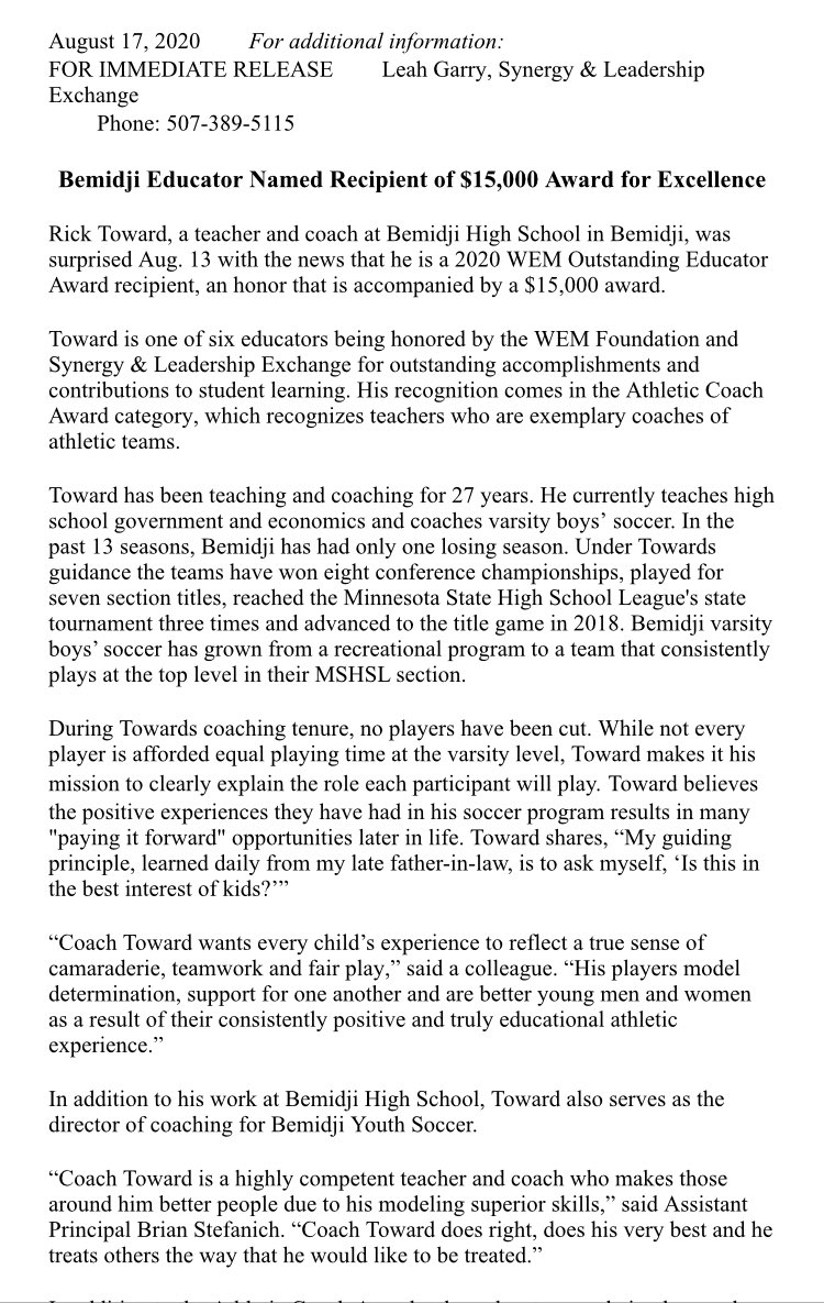 mshssca's tweet photo. A big congrats to Bemidji Boys Soccer Coach Rick Toward on being named a WEN Award recipient in the Athletic Coach Award category, which recognizes educators that are also coaches. @BHSJacksSoccer @MSHSLjohn https://t.co/AIwiACdctk