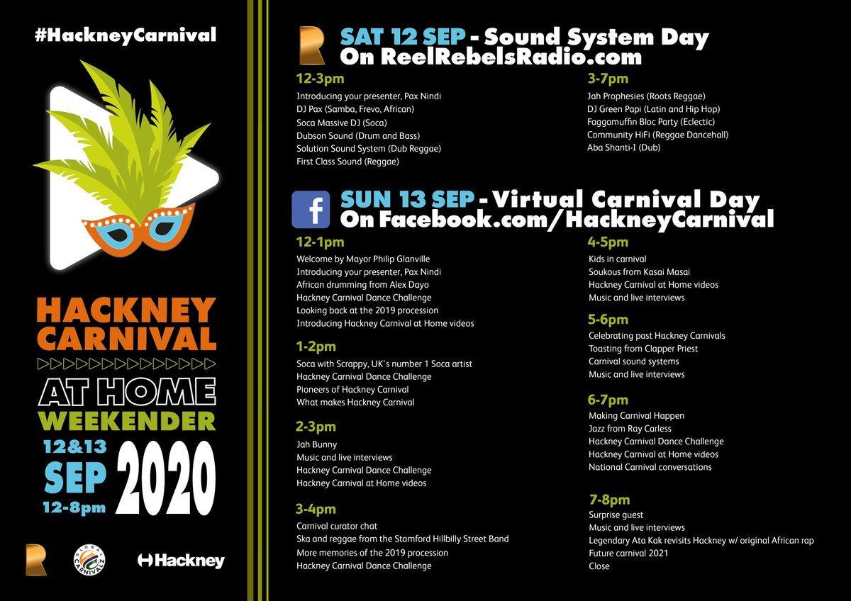 📢This weekend you're invited to #HackneyCarnival at Home! bit.ly/HCAHM 💫

🎉 SAT 12 tune into <a href="/ReelRebelsRadio/">Reel Rebels Radio</a> for a great line-up of DJ sets from world-renowned sound systems 

🎧SUN 13 visit facebook.com/hackneycarnival for live music &amp; films from our #Carnival groups!