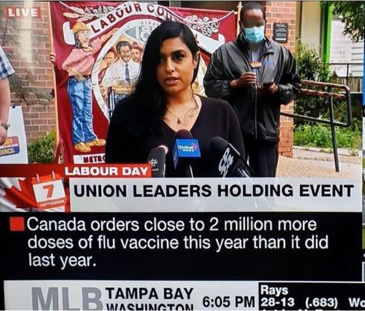 UNITEHERE75's tweet photo. Secretary-Treasurer Shelli Sareen on CP24: Covid-19 will not stop the spirit of Labour Day as our struggle continues. The parade will be virtual with the theme “A Just Recovery for All” thanks to the efforts of @torontolabour and its affiliates. #canlab #labourday https://t.co/8fevSDcq0Q
