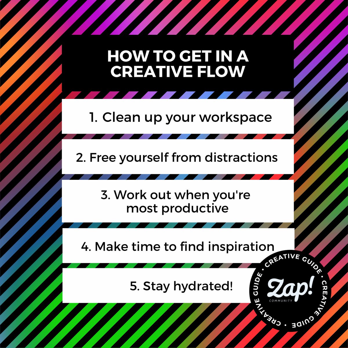 ZapCreatives's tweet image. Zap! Creative Guide: How to get in a creative flow ⚡ We've put together some of our best tips to help you find your creative flow... If you can think of anymore then make sure to drop them below 👇 

#zapcreatives #creativeguide #becreative #creativetips #creativity