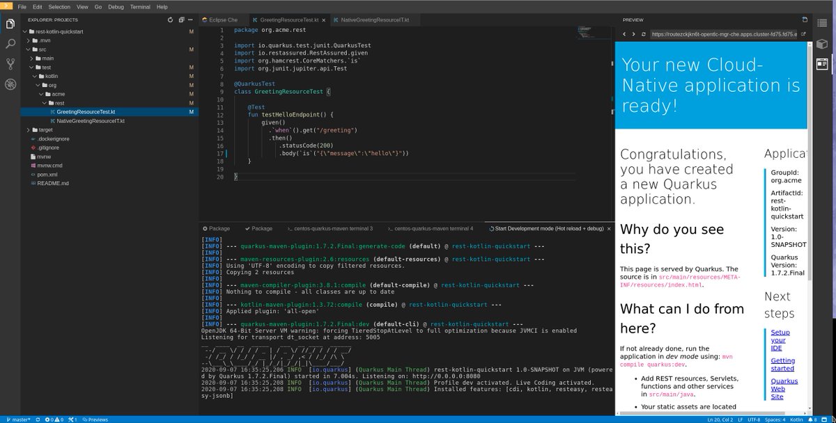 natalevinto's tweet photo. Today I made a #Kotlin on @QuarkusIO plugin+devfile for @eclipse_che as experiment, from a #VSCode extension. All straightforward with docs and the #EclipseChe #Kubernetes #Operator from #OperatorHub ⚡️ 😎 #CheJoy https://t.co/NK6peE1Cu9