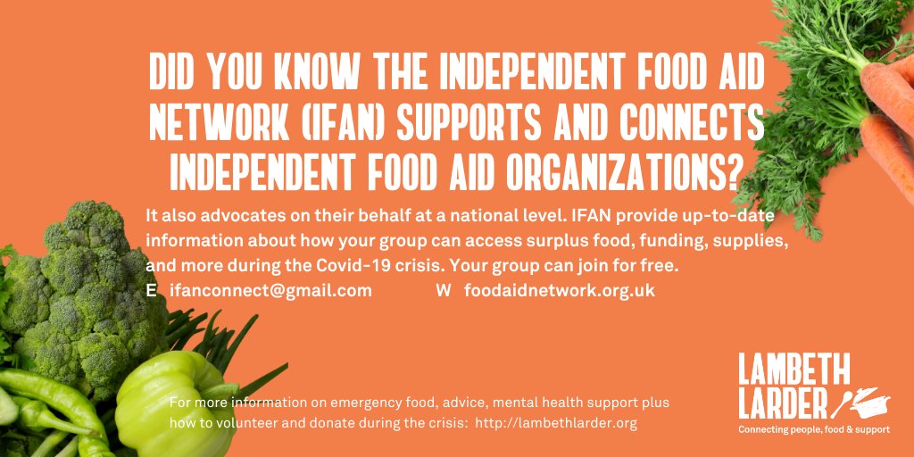 Did you know <a href="/IFAN_UK/">IFAN</a> supports and connects independent food aid organisations? Your group can join for free. More info: foodaidnetwork.org.uk #Lambeth #FoodInsecurity