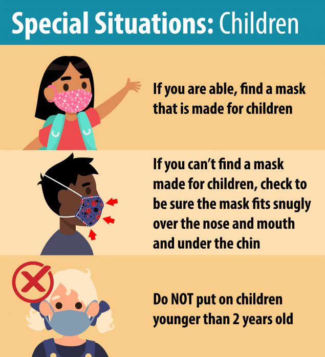 CDC recommends masks be worn in public settings around people who don’t live in your household and when you can’t stay 6 feet away from others. Masks should NOT be worn by children younger than two.