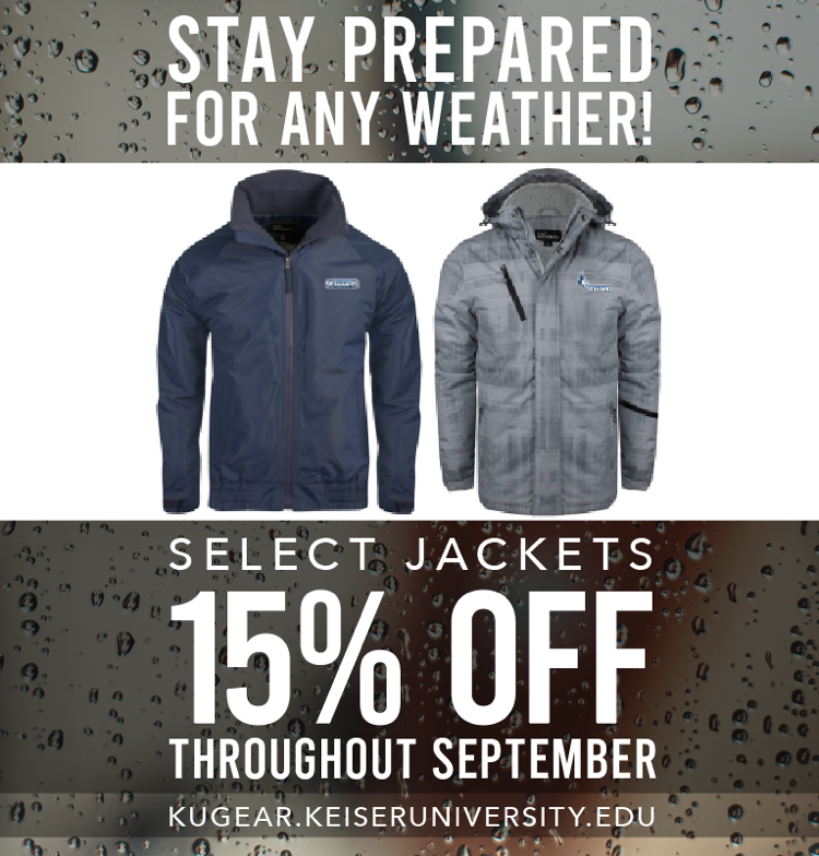 KeiserU's tweet photo. Stay ready for any weather this fall, and show your KU Pride!
Through September, select Jackets are 15% off! Visit https://t.co/1XI6GG63WM and browse our huge collection of official KeiserU merch!
#keisergear #SeahawkSpirit #KeiserPride #rainydays #fallfeeling #floridaweather https://t.co/NGOCVfxEnD