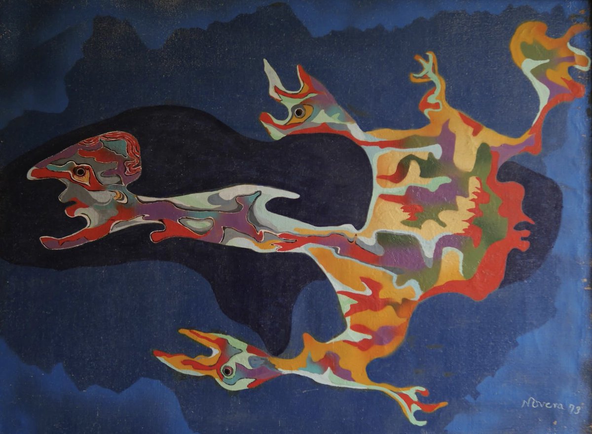 MNoveraAhmed's tweet photo. Continuing with the series of paintings in which Novera pioneered the use of spray paint, here is l'Âme du Fantôme, a work created in 1973.

#NoveraAhmed
#ÂmeduFantôme
#Pioneer
#Spraypaint
#WomanArtist
#WomeninArt
#DecolonizeArtHistory
#Bangladesh https://t.co/f8yXGMKLWe
