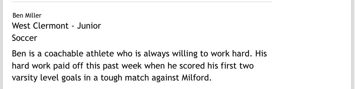 WolvesBSoccer's tweet photo. Congrats, Ben Miller, on being named ECC Player of the Week! Scoring 2 goals in a tough battle against Milford! https://t.co/d1NCeFZg5y