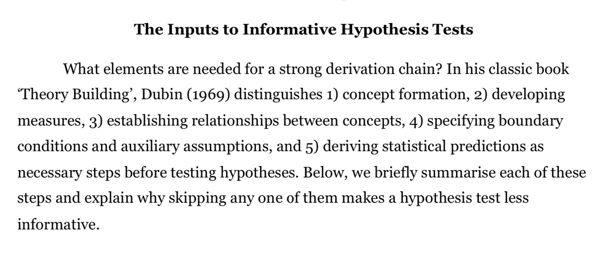 So what's that "background knowledge" you need for informative hypothesis tests?We went with these -- not definitive, but hopefully useful -- categories:concepts, measures, (causal) relationships b/w concepts, boundary conditions, auxiliary assumptions, statistical predictions.
