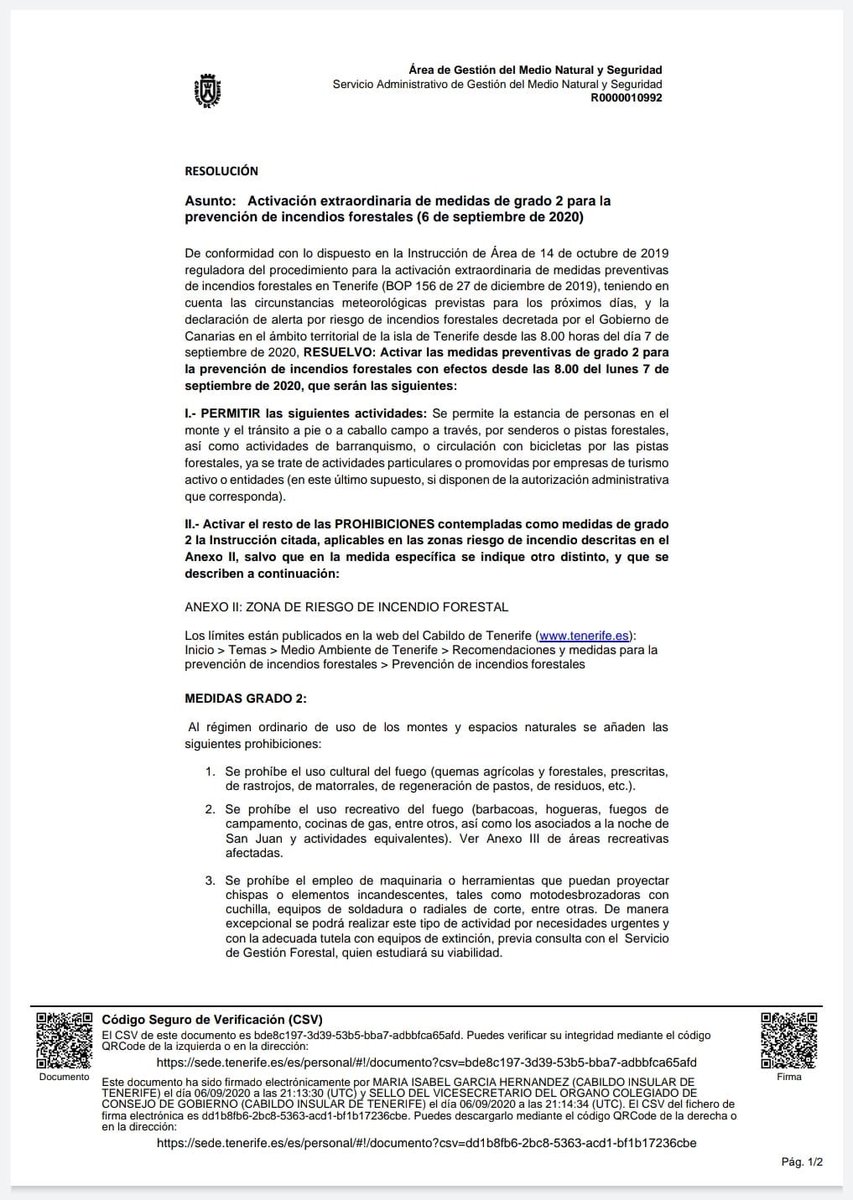 UMEN_SC's tweet photo. ⚠️ El @CabildoTenerife establece una serie de medidas de #Grado2 para la prevención de #IIFF desde las 08:00 horas del día de hoy
🔥 Mucha precaución cuando transites zonas de alto riesgo, la prevención es tarea de tod@s
@santacruz_ayto
@BermudezSCT
@evebruler https://t.co/gQ72ztSKyD