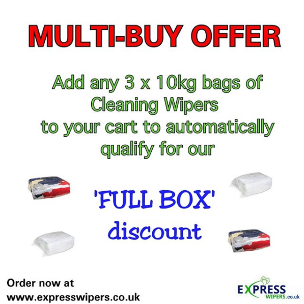 MULTI-BUY OFFER! Add any 3 x 10kg bags of #WipingRags to your Cart and automatically qualify for our 'FULL BOX' discount! 

Offer available for all multiples of 3 so the more your order, the more you save! 

Order yours now at: expresswipers.co.uk