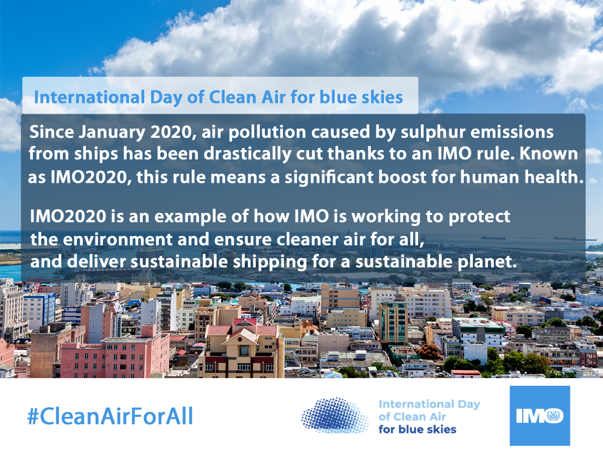 IMOHQ's tweet photo. #WorldCleanAirDay
Since January 2020 air pollution from ships has been drastically cut thanks to a new rule from IMO. Known as IMO2020, this rule means a significant boost for human health. Find out more about how IMO helps provide cleaner air for all: https://t.co/2p5ZGAjsO8 https://t.co/zs7rFcHkze