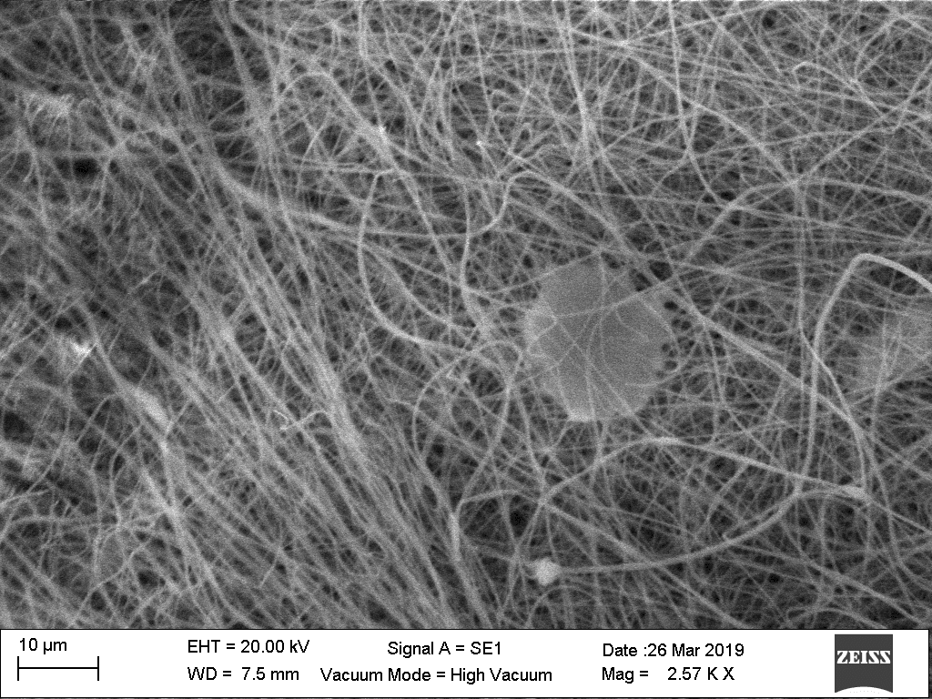 When we see the fibers with iron salt under SEM, we see that 2 things happens, when the solution is just made and electrospun, there isn't any visible particles, if the solution was left more than one night between process some big particles appears: