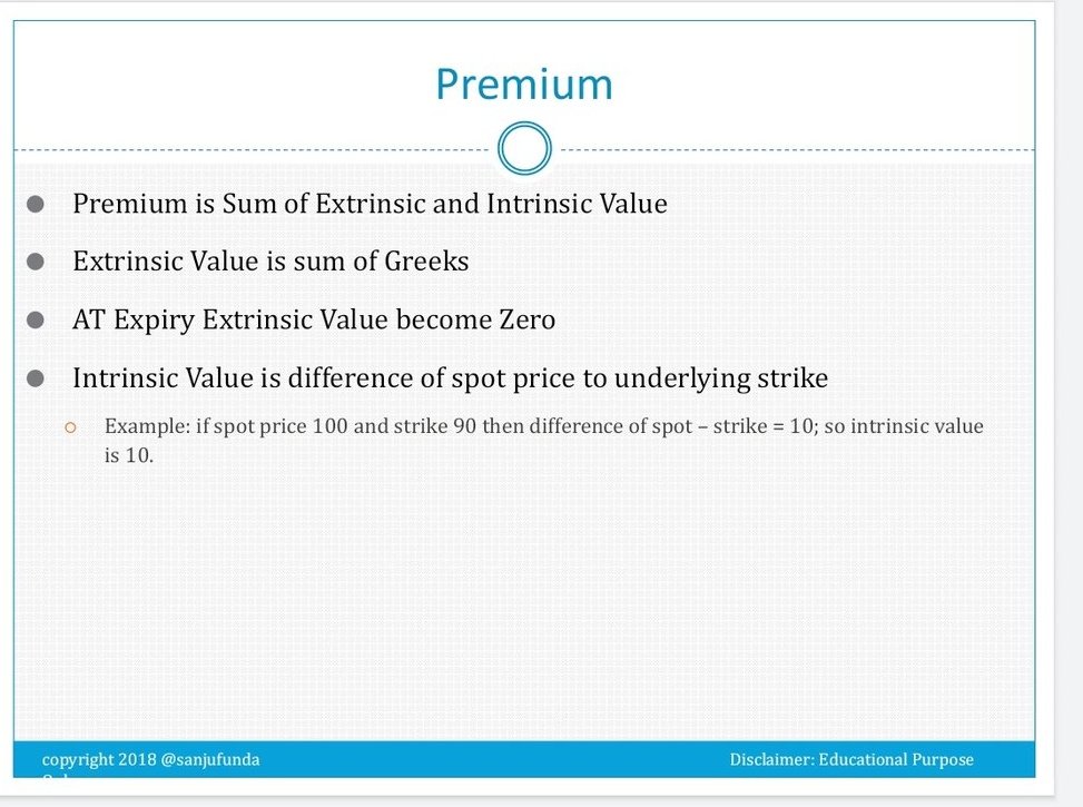 Price for stock same as for option price called as premium which basically sum of extrinsic and intrinsic value.Given example of call option as below. In short extrinsic value also prefer as time value.