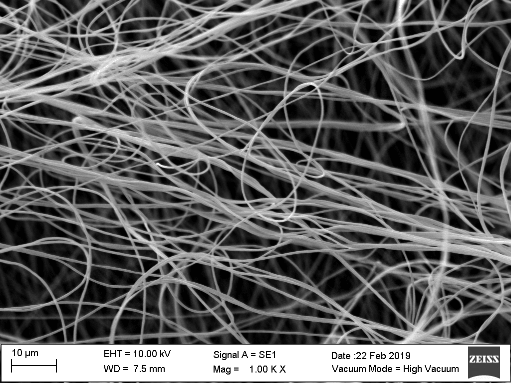 Now looking at a SEM of just PAN fibers, they do not seem to have differences compared to the iron having fibers that were electrospun just after mixing.