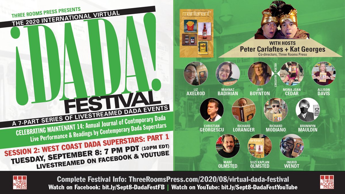 threeroomspress's tweet photo. The 2020 International Virtual DADA Festival continues Tuesday 9/8 with Session 2: West Coast Dada Superstars: Part 1 feat Livestreamed Dada Performance, Art & Poetry. Theme: UN-SUSTAIN-A-BULL-SH*T Facebook https://t.co/EUXXuuvYWx Youtube: https://t.co/R61vthAkcA #DadaIsProtest https://t.co/tg6eYtAXR0