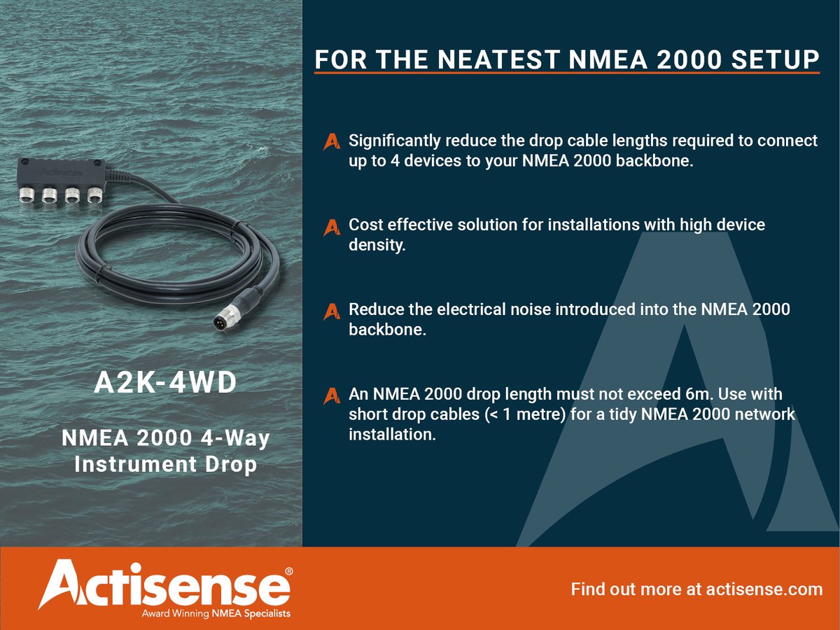 Actisense's tweet photo. Keep your #NMEA2000 network neat with the #Actisense A2K-4WD. This crafty cable helps you connect up to 4 devices to your N2K network & reduces electrical noise introduced to the networkโs backbone.
For more info visit https://t.co/swiAVPkiJC #nmea #boat
https://t.co/BZeswa19RD https://t.co/DVMYDZYay1