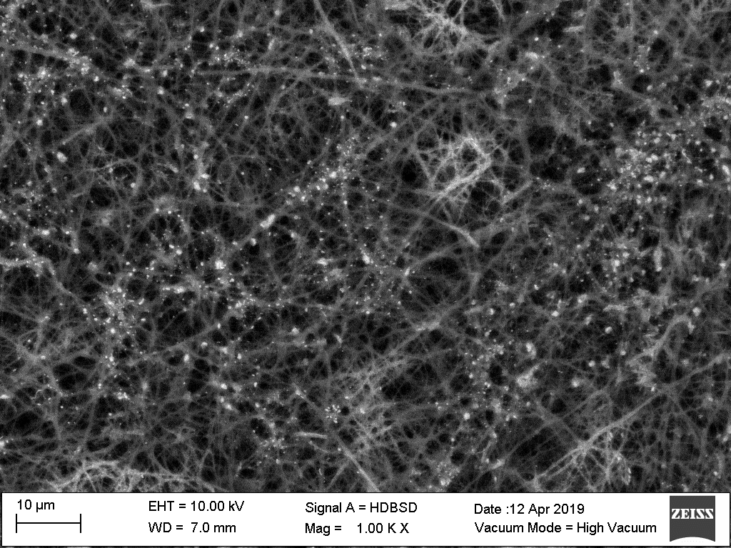 Under SEM we can see that when pyrolyzed the fibers with iron, formed in its surface iron nanoparticles of iron/iron oxide (the oxide happens because of the interaction with the oxygen in the ambient)