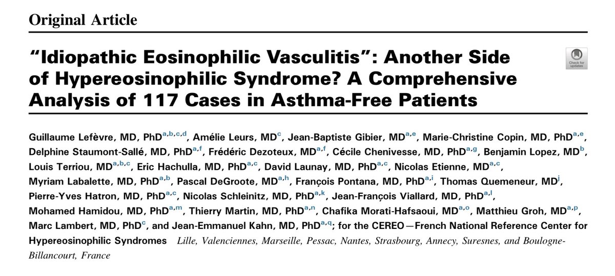 doctorchmunoz's tweet photo. ¿NUEVA VASCULITIS?: Vasculitis Eosinofílica Idiopática: necrosante + infiltrado de eosinófilos, vaso variable, sin asma, ANCA (-). Forma sistémica (65%: compromiso de piel, nervio periférico y SNC). Forma limitada a órgano (35%: compromiso de coronarias, temporales, cerebrales). https://t.co/4vWAbzIDMB