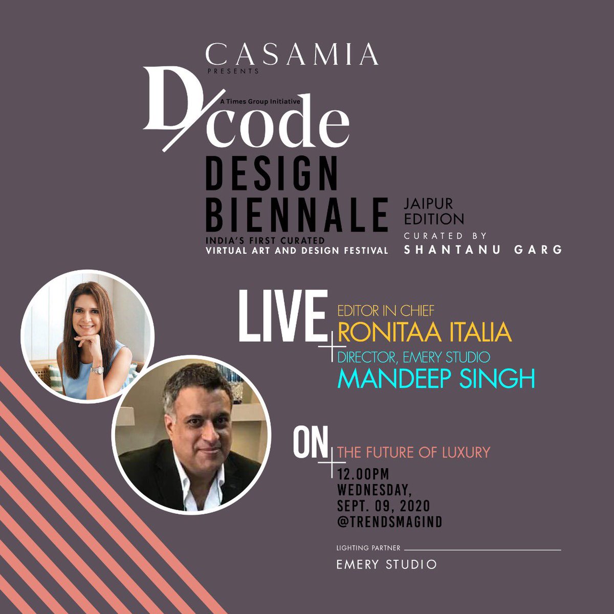 dcodeindia's tweet photo. D/code Design Biennale! Join us for an engaging live session with Editor-in-Chief Ronitaa Italia as she chats with Mandeep Singh, Director, Emery Studio on the ‘The Future of Luxury’ on the 9th of September, at 12pm on @trendsmagind https://t.co/KS8Tugk6Lz https://t.co/LDVUPQw2cG