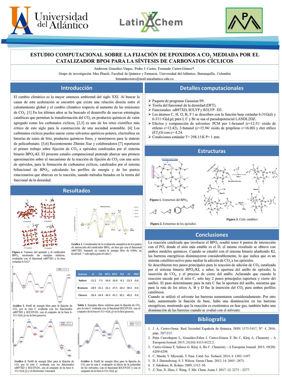AGvargas01's tweet photo. Hi @LatinXChem , this is my work "ESTUDIO COMPUTACIONAL SOBRE LA FIJACIÓN DE EPOXIDOS A CO2 MEDIADA POR EL CATALIZADOR BPO4 PARA LA SÍNTESIS DE CARBONATOS CÍCLICOS"  #LatinXChem #LatinxChemcat #Cat19 
#CO2 #Catalysis #Epoxodes #Dft https://t.co/FZMcyYfWgH
