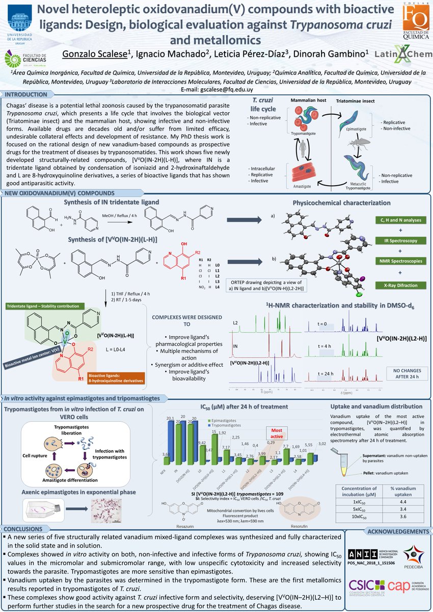 gscalese_'s tweet photo. Hi @LatinXChem! I'm glad to share with you some results from my PhD thesis. We're looking for prospectives vanadium-based drugs for parasitic diseases. Check it out on my poster and ask for some details or additional information. 

#LatinXChem #LatinXChemInorg #Inorg065 https://t.co/rHcfE3FDPR