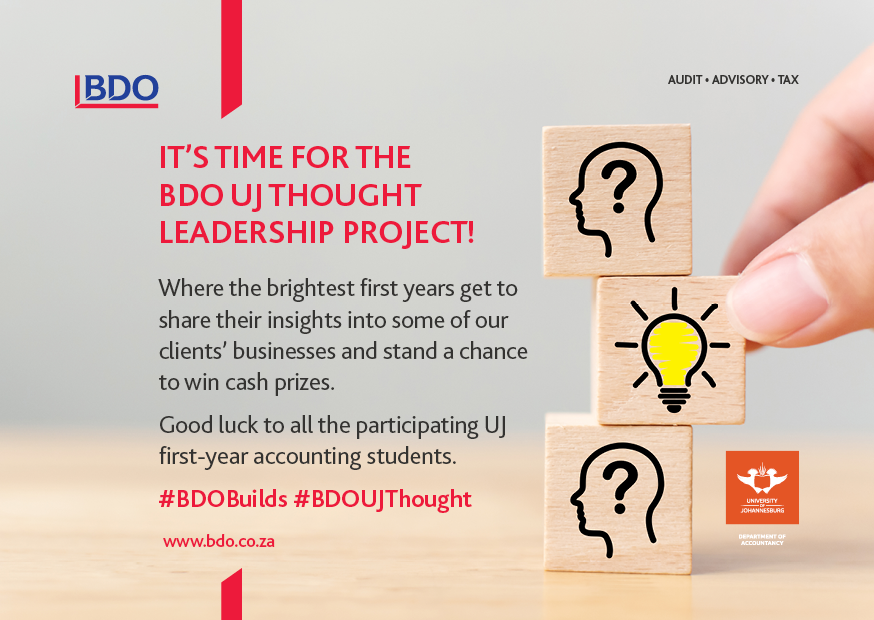 UJAccountancy's tweet photo. It's time for the BDO UJ Thought Leadership Project 2020...
#BDOBuilds #BDOUJThought @bdograds @BDO_SA https://t.co/Pv3vLsqGg5