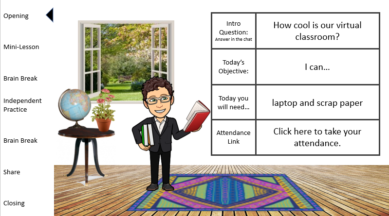 TimothyLent's tweet photo. I resisted getting a bitmoji for a long time, but now that I'm teaching 7th grade I'm fully embracing it! 
Here is my first shot at an opening slide template for online learning. This is way more fun that I thought it would be! Look! He reads books just like ME! https://t.co/3fSF9Xfko8