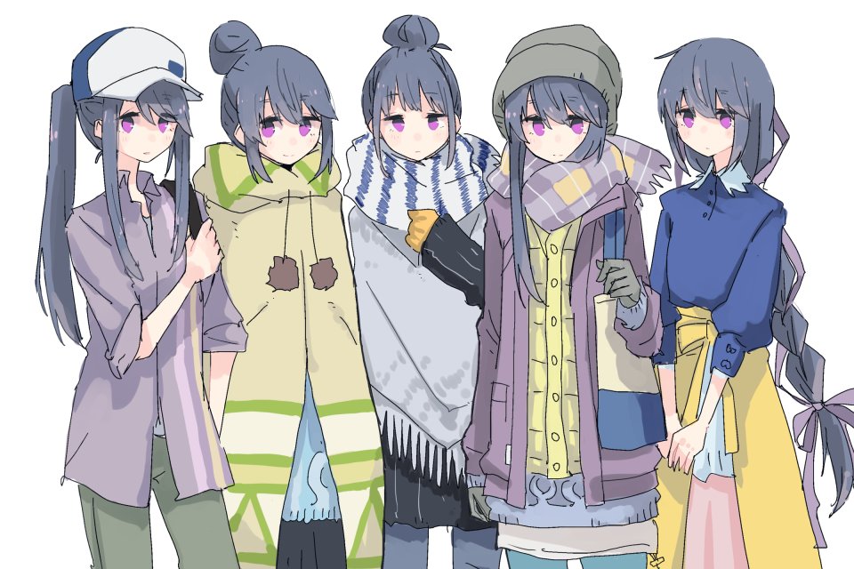 shima rin hat scarf hair bun single hair bun 5girls white background purple eyes  illustration images