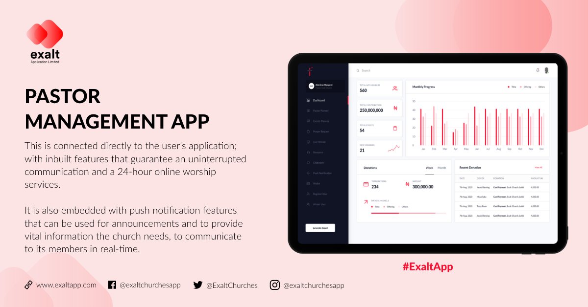 ExaltChurches's tweet photo. The pastor management App enables pastors to manage their churches, on either our online desktop platform or through our desktop/mobile application.
Read more details on the flyer or visit https://t.co/x9iEGY9kAn
#ExaltApp https://t.co/T7IXtANF9V