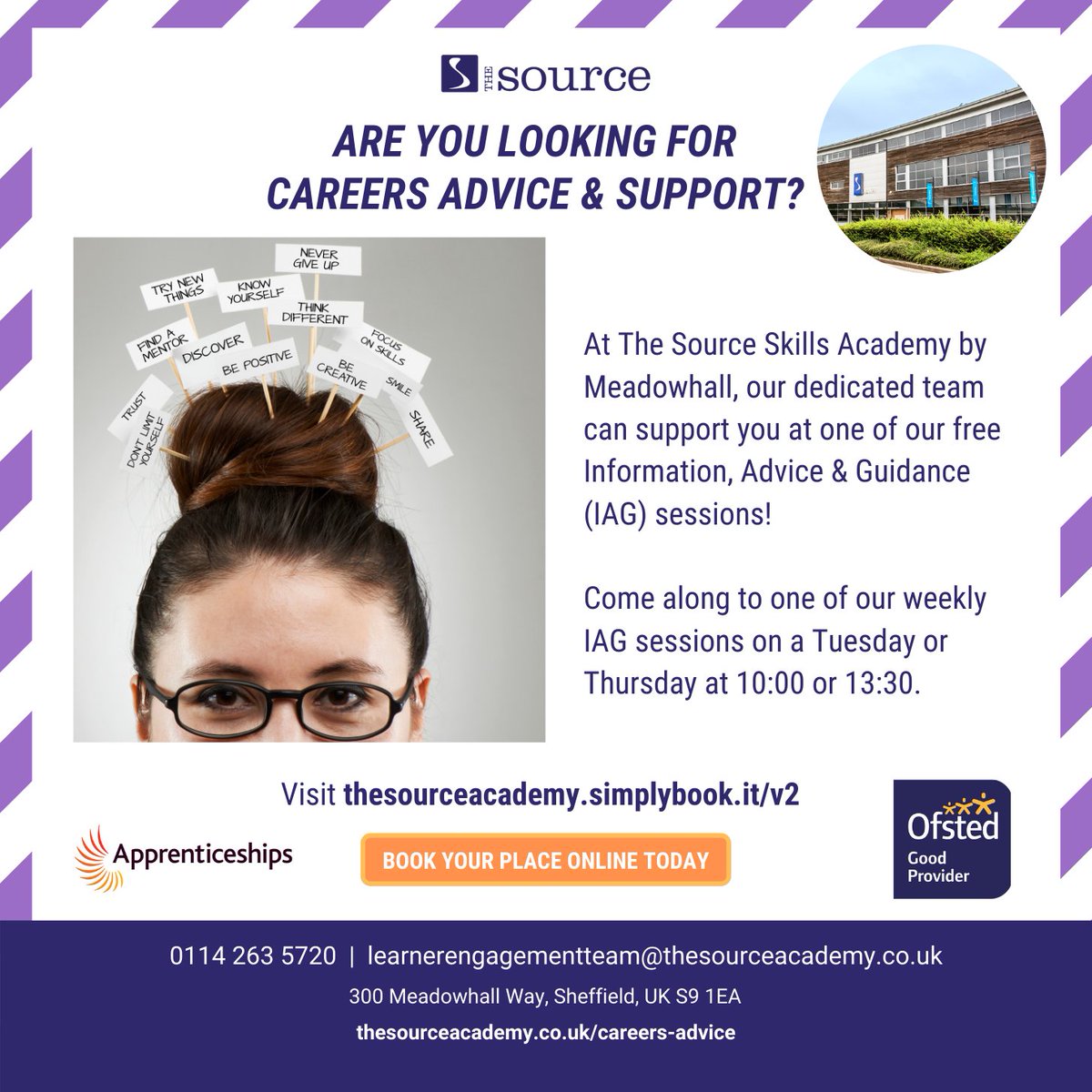 thesourceacad's tweet photo. Are you looking for careers advice &amp; support? Pop along to one of our information, advice &amp; guidance (IAG) sessions on a Tues or Thurs at 10:00 or 13:30. Gain support from our dedicated team! Discover more on our new website and book your place today: https://t.co/AwFumojZqg https://t.co/oQZBh7xPtc