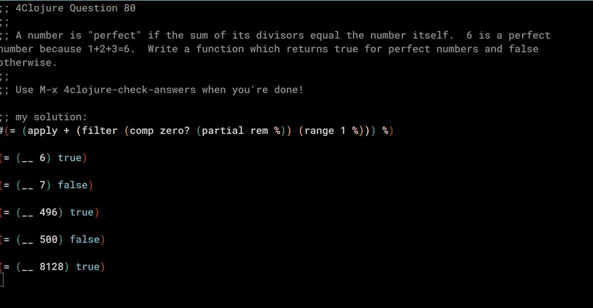 sakalli's tweet photo. Day 5
busy today with non programming work but a couple of simpler #clojure puzzles below that i did do. #4clojure
#∞DaysOfCode (#100DaysOfCode ) https://t.co/IO1pTsprVU