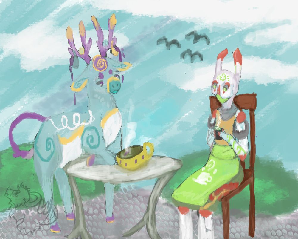 DestinyWinged's tweet photo. Going be posting weekly, if I can this is another artfight water sketch I did with our deer oc and Keurmythe robot character that I really love. #artfight2020 #art #ArtistOnTwitter #watercolorpainting #watercolor #sketch #pokemon #pokemonart #stantler #sinatea #robot #tea #time https://t.co/k49Q9x6ltH