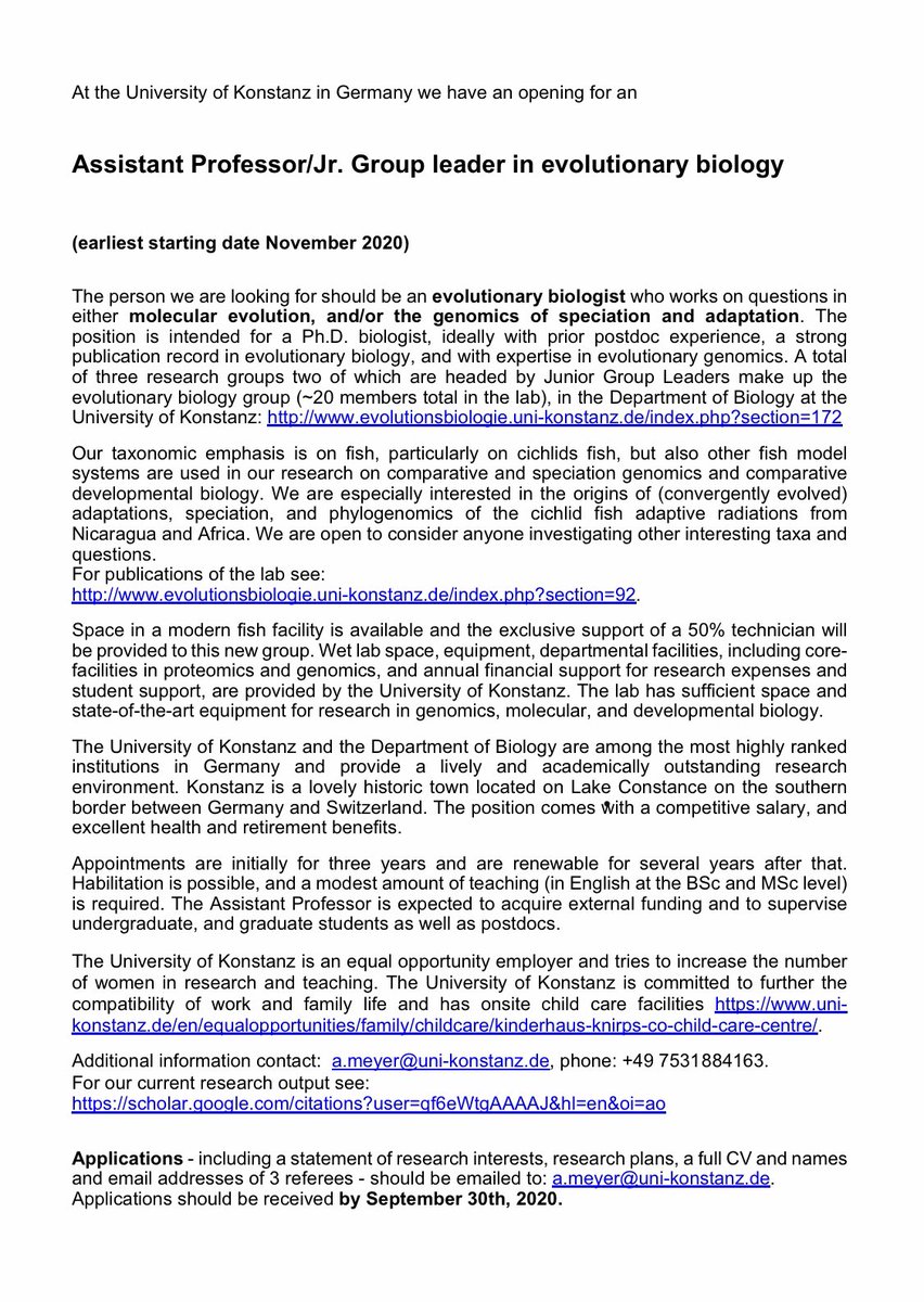EvoLab_Konstanz's tweet photo. Please RT! We are looking for a motivated evolutionary biologist with focus on molecular evolution/genomics of speciation and adaptation as an assistant professor/junior group leader in our department at the @unikonstanz https://t.co/8Dgs4fqCUZ