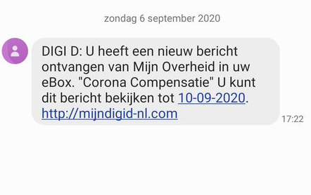 kassa_bnnvara's tweet photo. Trap niet in de #sms met een bericht over 'Corona Compensatie', waarvoor je moet inloggen op Mijn Overheid. Online criminelen misbruiken de #coronacrisis en zijn uit op je gegevens en/of geld. Bekijk het voorbeeld → https://t.co/eVHGa8m6Jm https://t.co/khLBQ7gls1