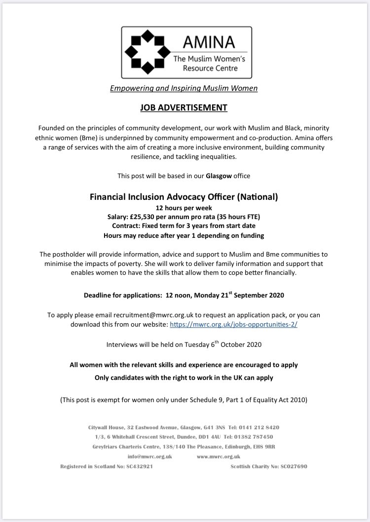 ‼️We are hiring‼️

We have a vacancy for a Financial Inclusion Advocacy Officer - based in Glasgow. 

Closing date: Noon, 21st September 2020.

Details of the position can be found at mwrc.org.uk/jobs-opportuni…

#thirdsectorjobs