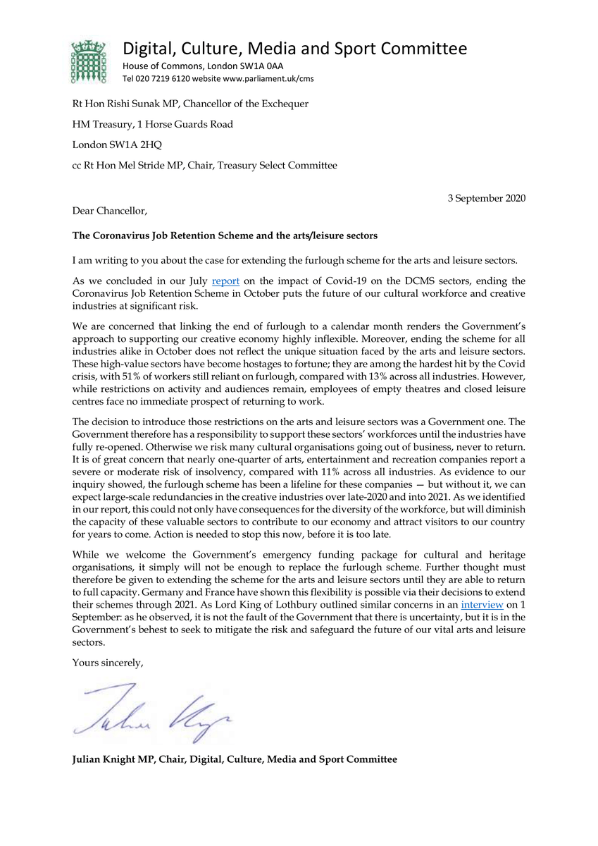 Chair @JulianKnight15 has called on Chancellor of the Exchequer Rishi Sunak to extend the furlough scheme for the arts and leisure sectors.

51% of these sectors' workers remain furloughed vs 13% of workers across all industries.

Read more: committees.parliament.uk/committee/378/…