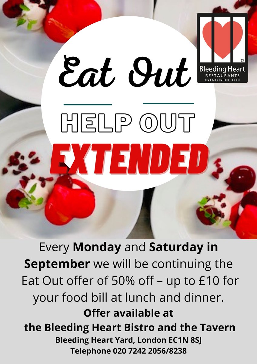 We continue with 50% off the food bill on Every Monday and Saturday in September #EatOutHelpOut