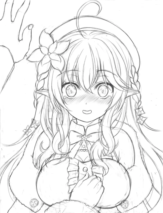 次回新規絵用ラミィちゃん進捗ラフうp～、なんか気付いたら壁ドンしている絵になったw僕と契約して僕のママになってよ!)ω).・;';+(完成はまぁ気長にお待ちくださいw 