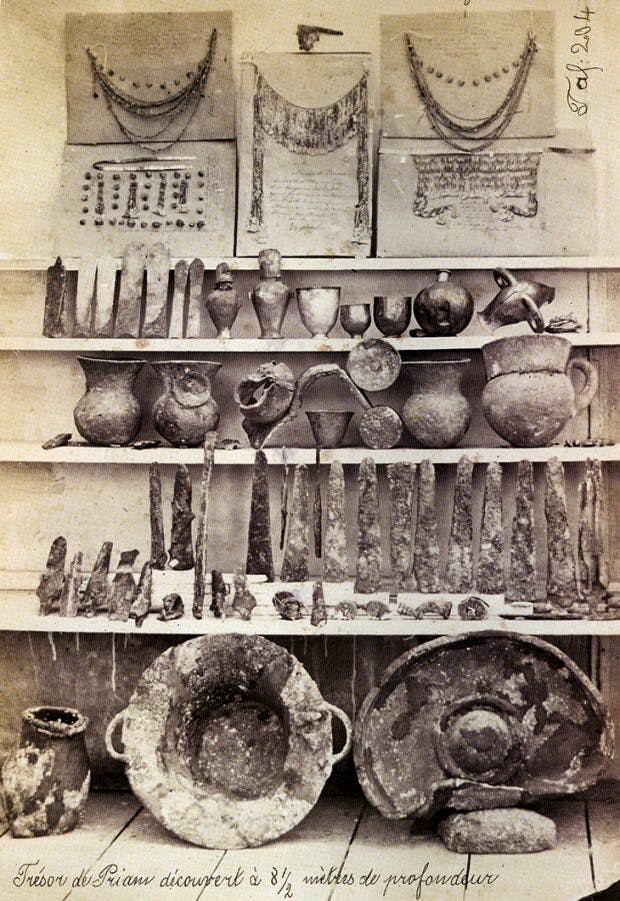 He later wrote that he had seen the gold glinting in the dirt and dismissed the workmen so that he and Sophia could excavate it themselves; they removed it in her shawl. However, Schliemann's oft-repeated story of the treasure's being carried by Sophia in her shawl was untrue.