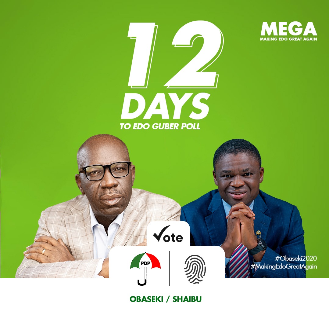 Jibbyford_'s tweet photo. Itโs just 12 days to the election. My good people of Edo support Obaseki to lead Edo state forward. Check out the good works he did in his first tenure ๐๐พ https://t.co/Sw9qKScTrY and see a thousand reasons why Obaseki deserves a second chance. #EdoMarshalSaysTorgba https://t.co/bs8hG43CxZ