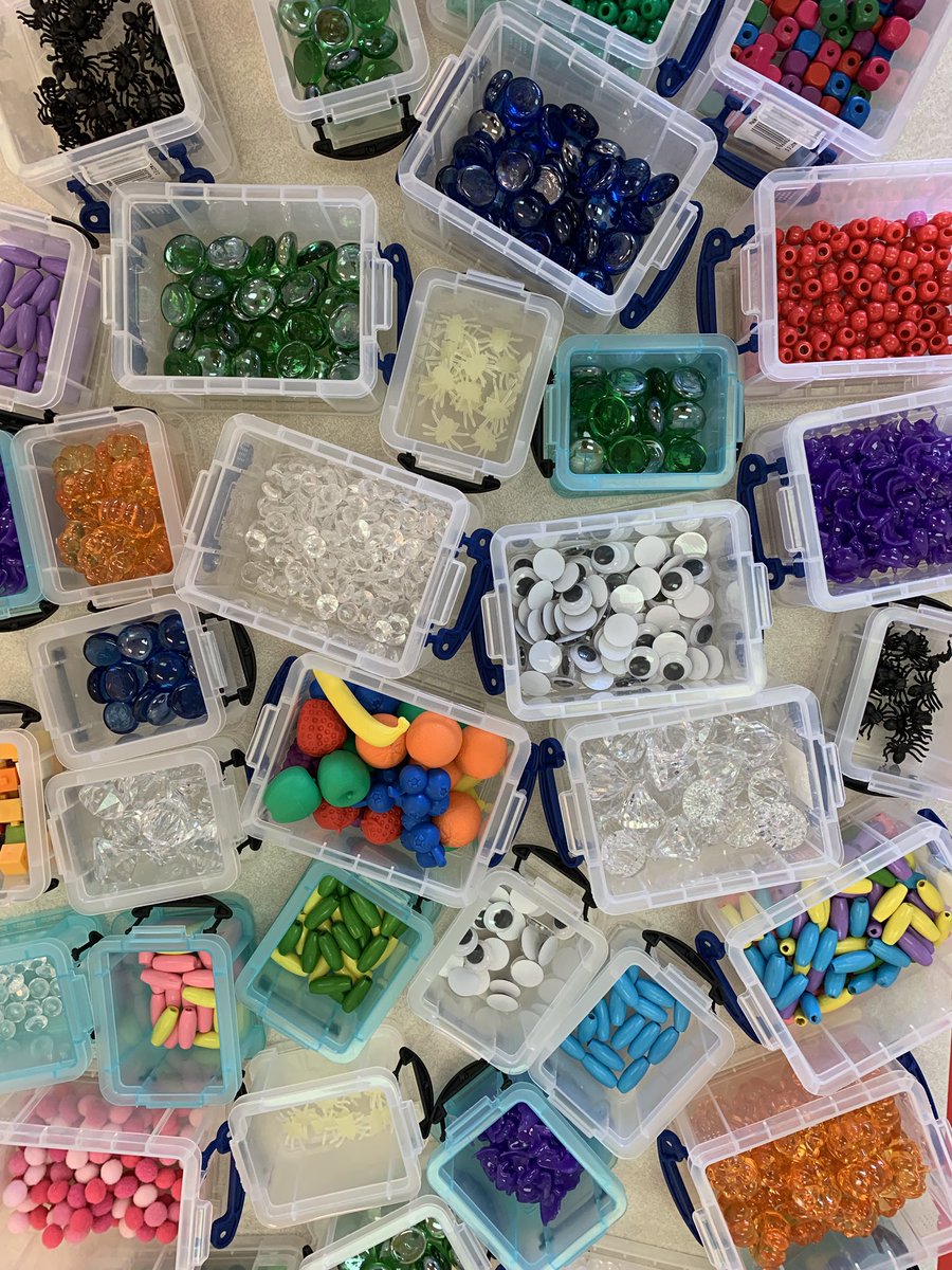 YoungMrs2019's tweet photo. Counting Collections organized by numbers 1-20 (small clear), 1-30 (small blue), and 1-100 (large clear). This way, I can direct students to pick a collection that is appropriate for their level, in an indirect way. #countingcollections #splitclass https://t.co/L7KG6B49lS