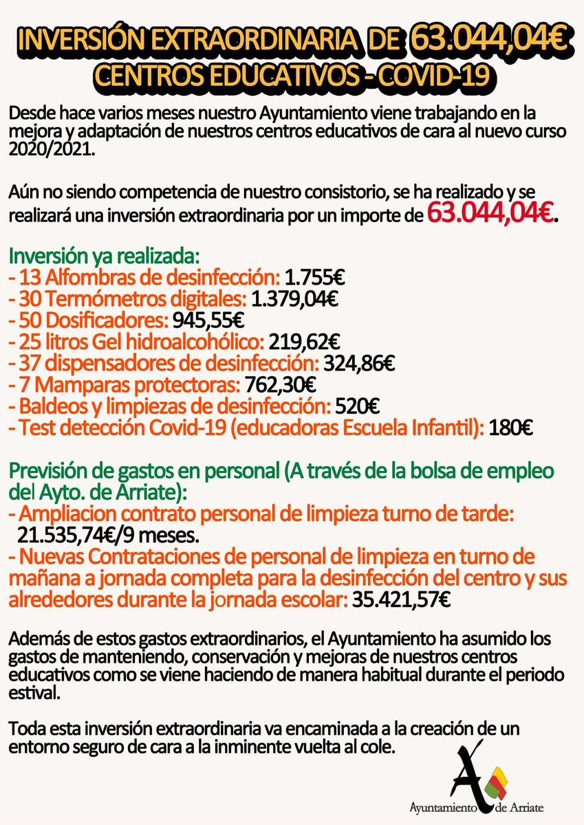 ArriateAyto's tweet photo. 📚👩🏼‍🏫INVERSIÓN EXTRORDINARIA DE 63.044,04 EUROS CENTROS EDUCATIVOS - COVID-19📚👩🏼‍🏫

📆Desde hace varios meses nuestro Ayuntamiento viene trabajando en la mejora y adaptación de nuestros centros educativos de cara al nuevo curso 2020/2021. https://t.co/dYXMvWiGlt