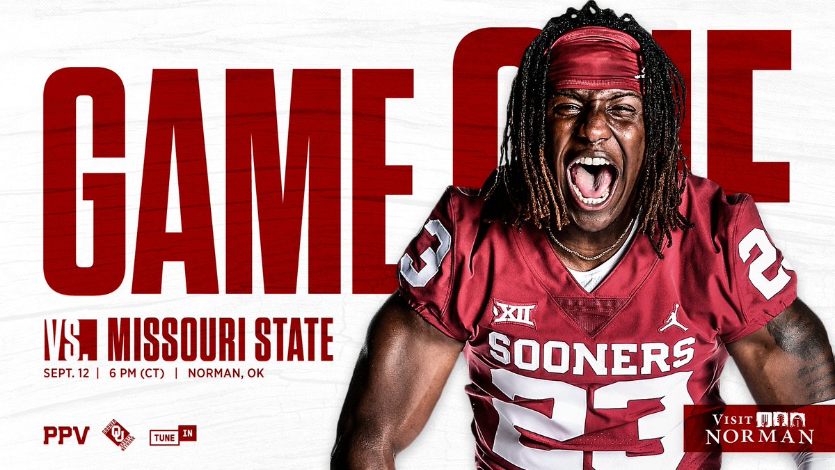 OU_Football's tweet photo. We've been waiting to say this for awhile... it's GAME WEEK!
🗓 Saturday
🕕 6 p.m. (CT)
📍 Norman, OK
➡️ https://t.co/f4fDxAdEKW | #BoomerSooner https://t.co/yev1KIyHi0