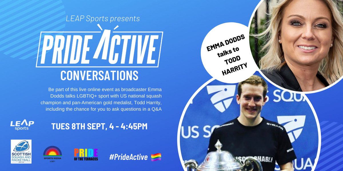 LEAPsports's tweet photo. 24 hour countdown! โฐ๐
We can't wait to welcome @toddharrity to #PrideActive Conversations! ๐บ๐ธ๐ด๓ ง๓ ข๓ ณ๓ ฃ๓ ด๓ ฟ
Register here: https://t.co/jo4XFq0nAc
@Scottish_Squash @SportsMediaLGBT @PrideofTerraces @USSQUASH https://t.co/9Xu9JVC9Nu