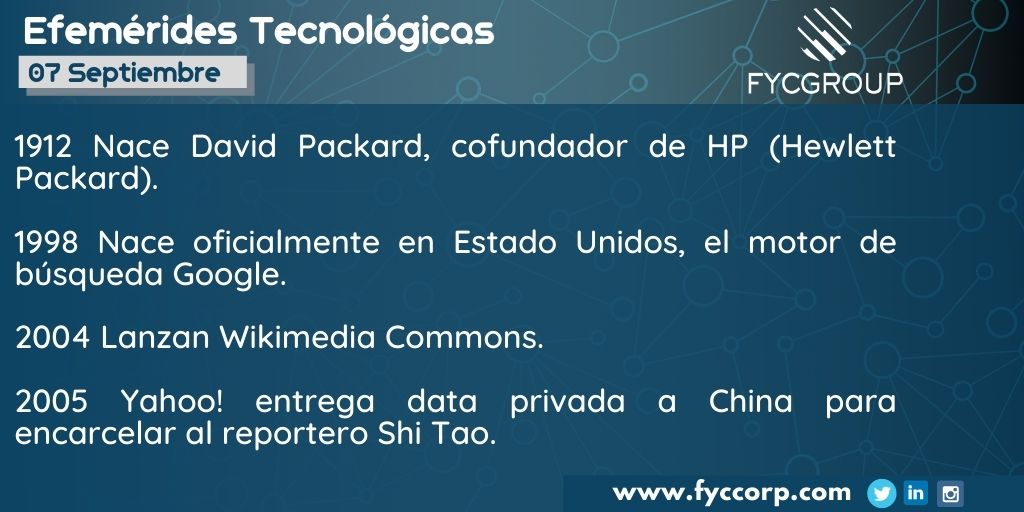fycgroup's tweet photo. Tal día como hoy
#QuedateenCasa #EfemeridesTecnologicas #EfemeridesSeptiembre #Telecomunicaciones #hpcomputer #hplaptop #hewlettpackard #developer #googlecompany #Google #wikimedia #wikimediacommons #yahoo #SoftwareTesting #TeleTrabajo #AtencionRemota #FycGroup #Fyccorp #FYC https://t.co/7R4zQVACS0