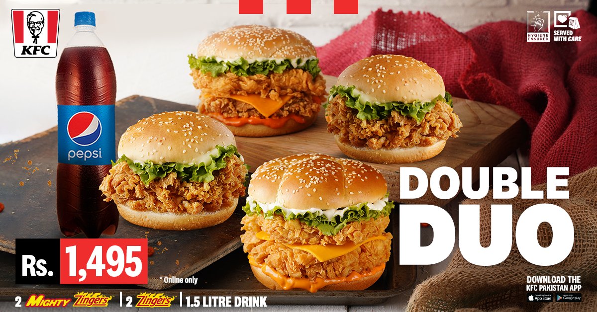 kfc_pk's tweet photo. It ain’t just fine, it’s double and divine! 🤤
2 Zingers, 2 Mighty Zingers and 1.5 Ltr Drink for just Rs. 1495.
#DoubleDuo! 😍
To order now, visit https://t.co/vgQHsxymuu or download the KFC Pakistan app.
T&Cs:
-Valid nationwide
-Online Only
-Subject to local govt. orders https://t.co/66VOL47wsG